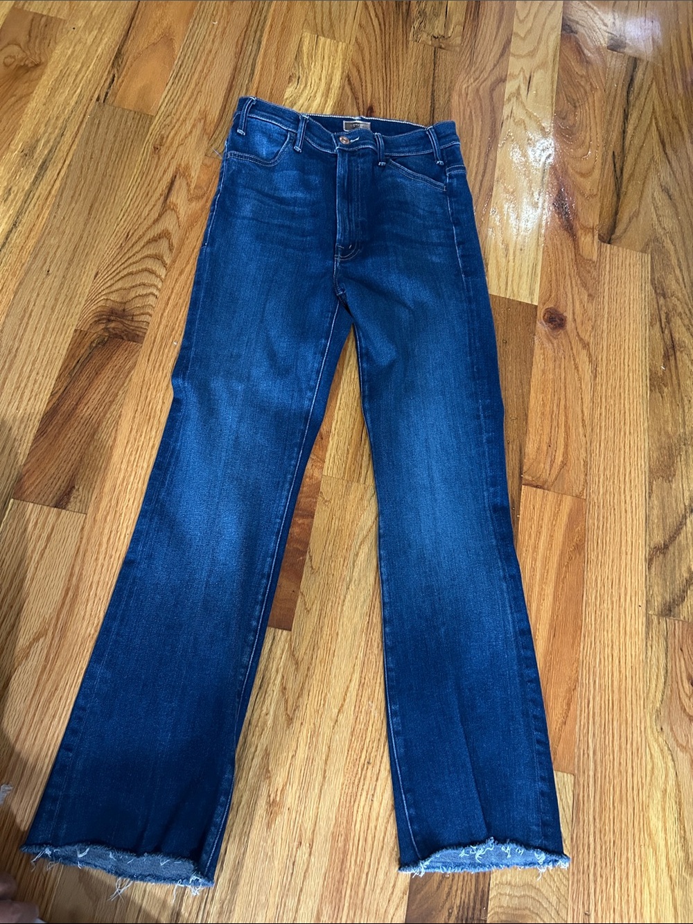 MOTHER Dark Blue Flare Jeans with Frayed Hem
